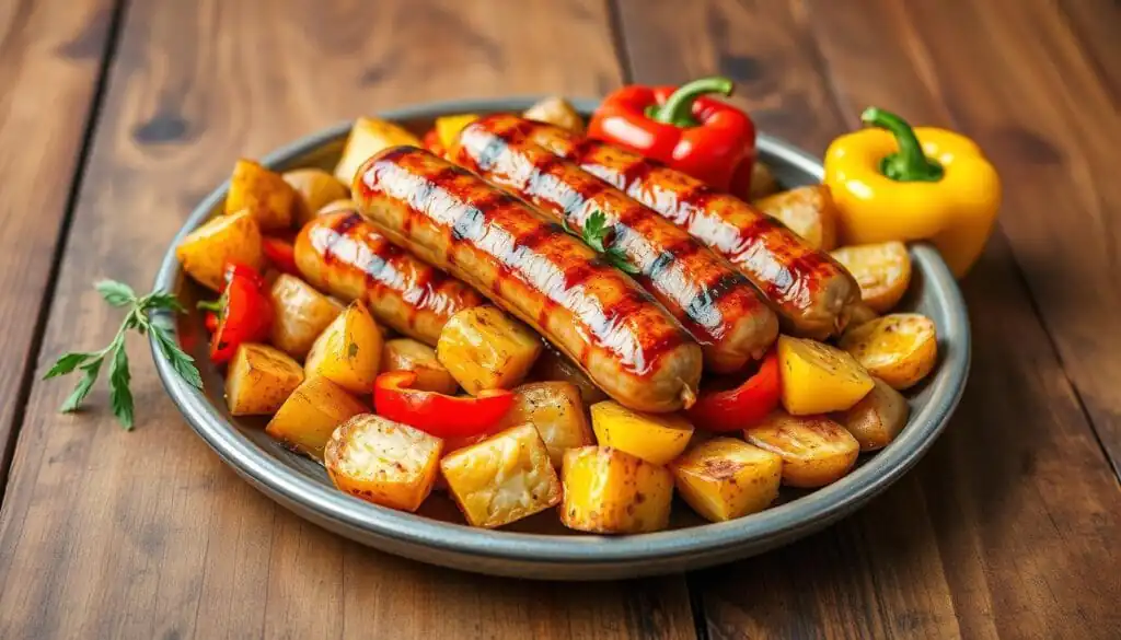 grilled sausages, roasted potatoes, bell peppers