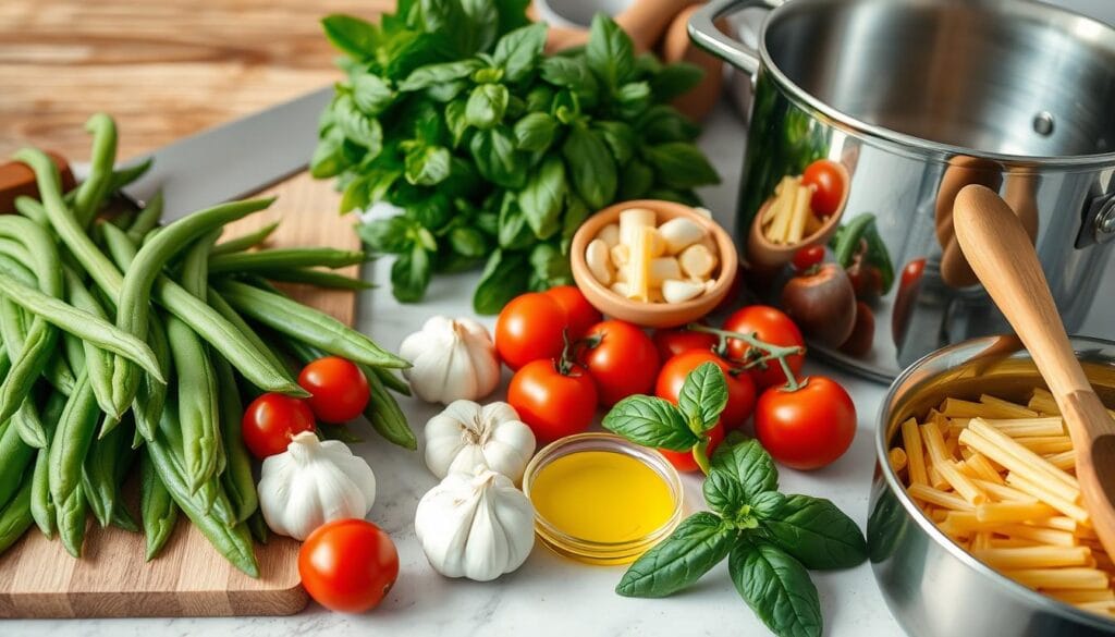 green bean pasta ingredients and kitchen tools